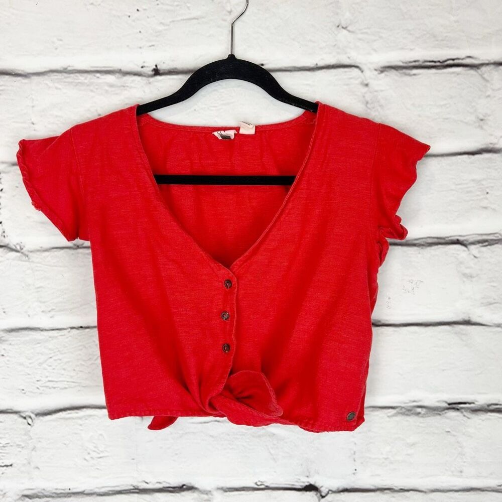 Roxy Women's Red V-Neck Button Down Flounce Sleev… - image 2